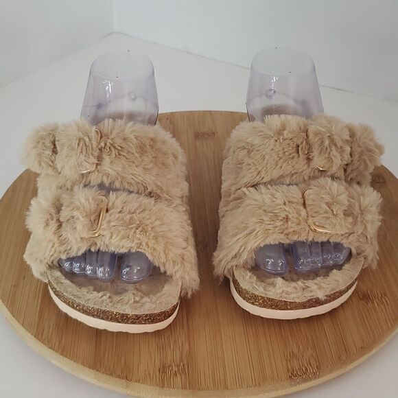 Fitory Faux Rabbit Fur Open Toe Slippers Cork Slide Sandals Beige Women's Size 7 - Picture 2 of 8